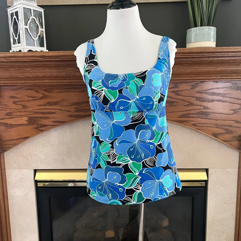 Lands'‎ End Women's Blue Floral Swimsuit Tankini Top Size 8D